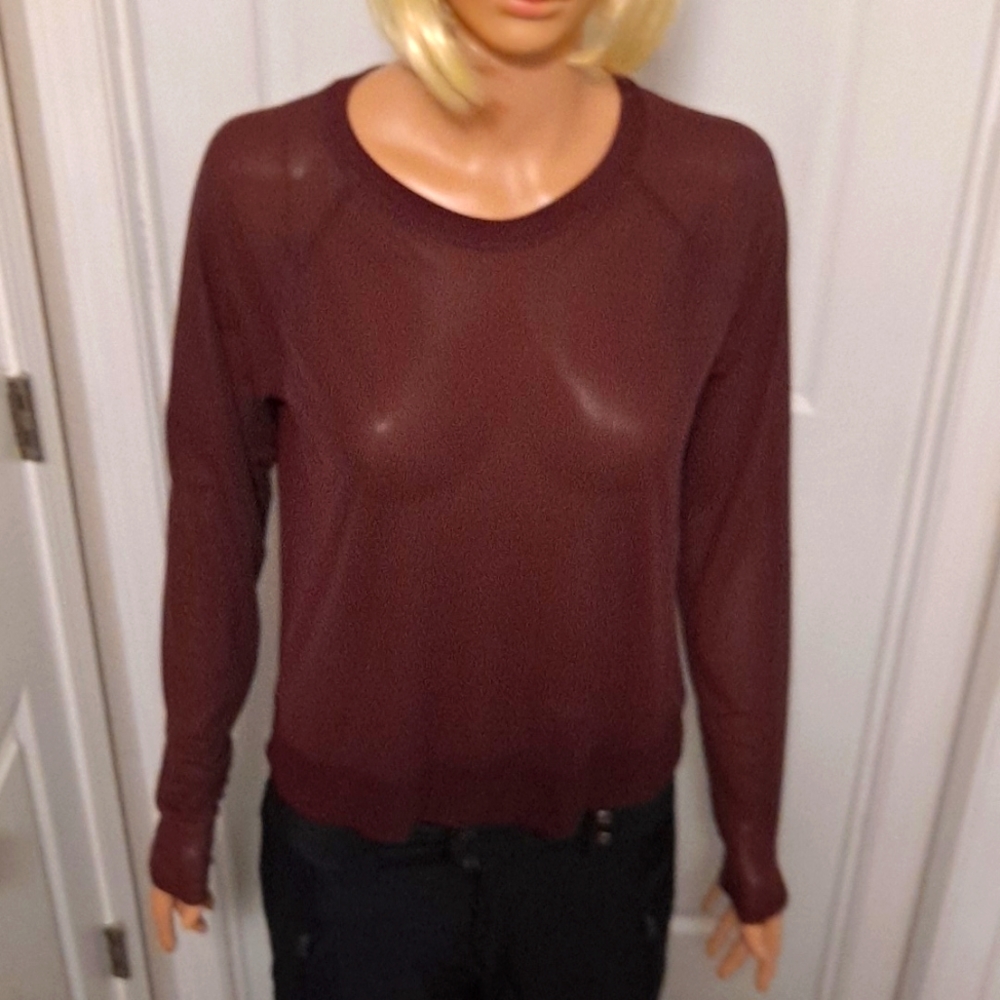 Athleta Sheer Burgundy Moister Wicking Mesh Long Sleeve Crew Neck Top NWOT